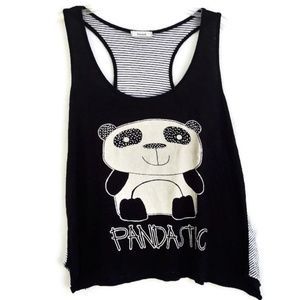 Graphic Black Tank Tee T Shirt Panda Striped Racerback Embellished Holes